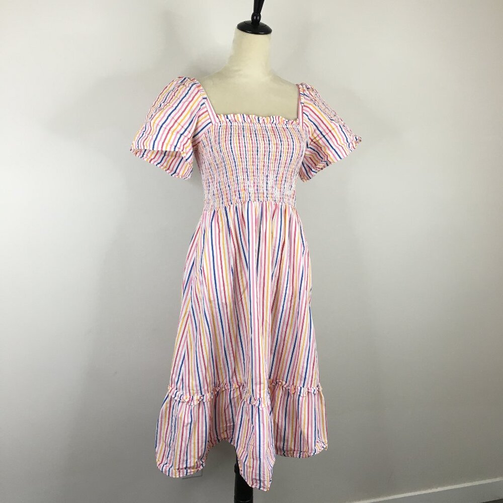 DRAPER JAMES White Multi-Color Striped Shirred/Smocked Short Sleeve Dress